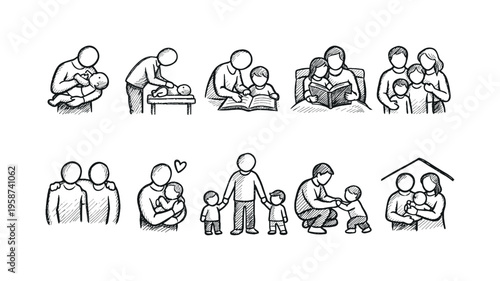 Hand-drawn icons depicting various family moments and parenting activities