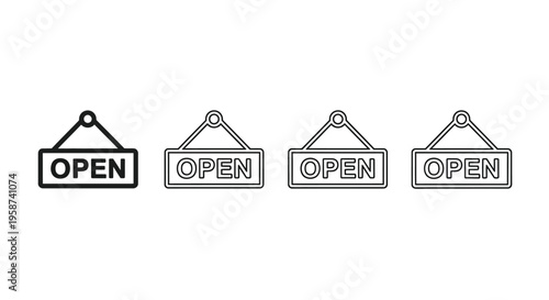 Four variations of a hanging storefront sign displaying the word OPEN are shown in simple black and white graphic line art styles against a white background.