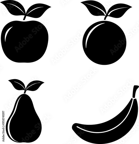 A collection of four simple black and white vector icons representing popular fresh fruit varieties