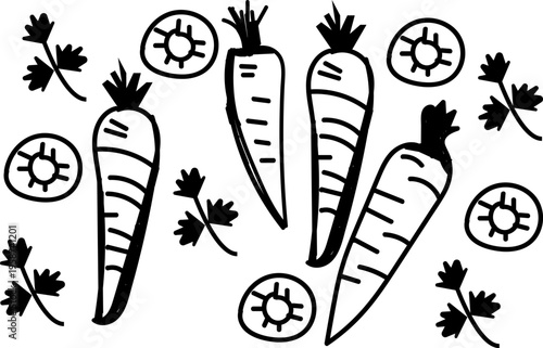 A simple black and white line art illustration featuring fresh carrots with parsley and slices