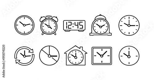 Collection of diverse clock icons representing time and scheduling concepts
