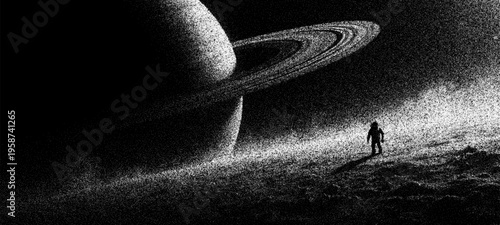 Astronaut standing on planet surface looking at ringed planet. Space exploration concept art with stipple dot texture. Vintage science fiction illustration of lonely man in galaxy cosmos.