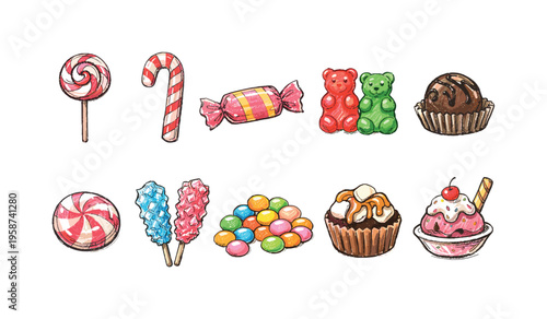 Collection of colorful and delicious sweets and desserts, hand-drawn style