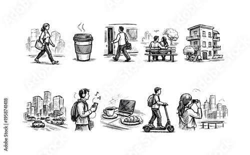 Urban lifestyle scenes depicted in a charming sketch art style, showcasing daily activities