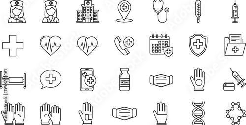 Black and white healthcare medical icons, hospital illustration, doctor artwork, patient care design reference, wellness symbol sketch, clinical service artwork