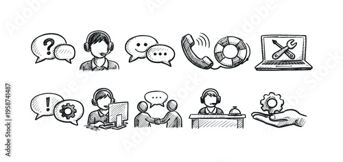 Collection of hand-drawn icons representing customer service, communication, and technical support