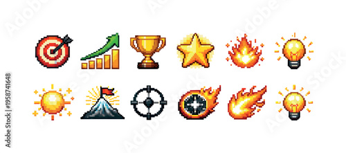 Pixel art icons for success, goals, and achievements in games or business