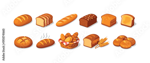 Collection of various baked bread types and rolls in a clean isometric illustration