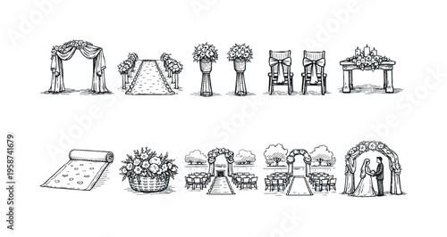 Collection of hand-drawn wedding ceremony elements and scenes