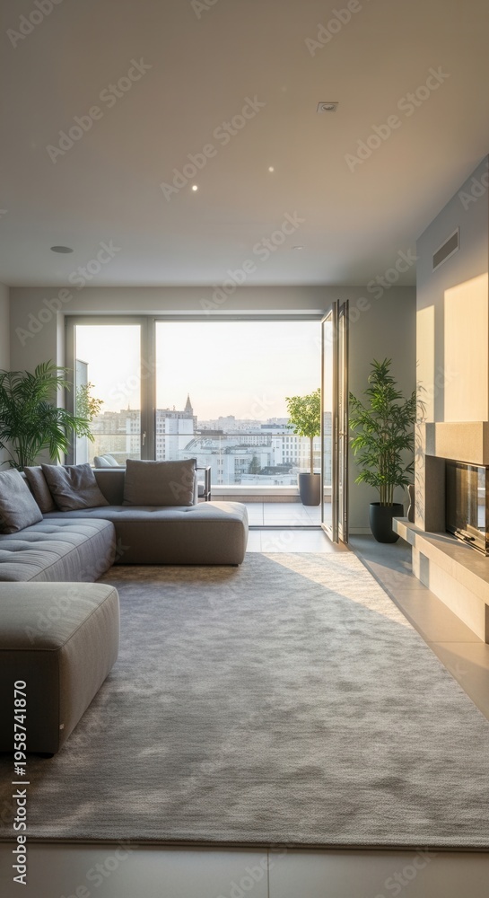 Fototapeta premium Luxurious Modern Living Room With City View Balcony And Natural Sunlight