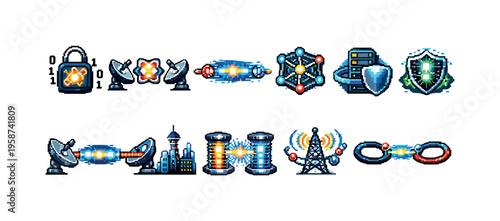Collection of pixel art icons representing digital communication, security, and technology concepts