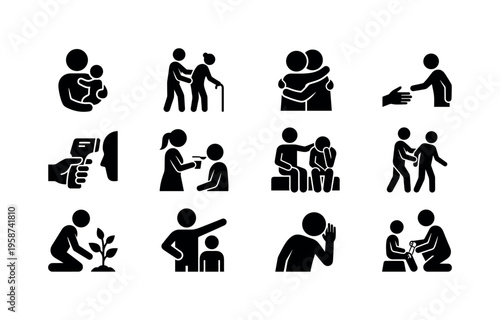 Icons depicting caregiving, support, and health actions for diverse needs