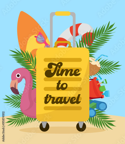 Summer beach vacation concept with yellow suitcase and tropical elements Time to travel surfboard, flamingo float, coconut palm leaves