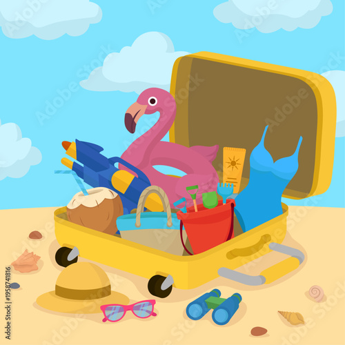 Summer travel packing concept with open yellow suitcase full of beach accessories luggage on the sand