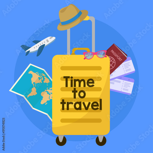 Travel concept with yellow suitcase, passport, map and airplane vacation background with tourist accessories