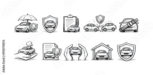 Collection of hand-drawn icons representing car insurance and protection concepts