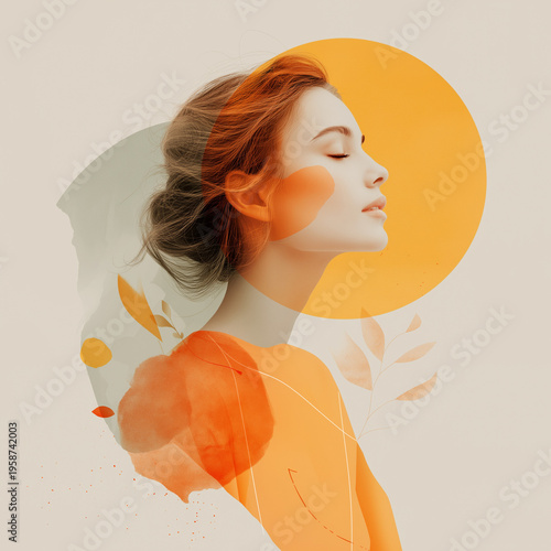 Woman in profile with soft orange and yellow abstract background  
