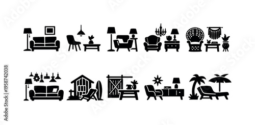 Collection of interior and exterior design elements as simple black icons