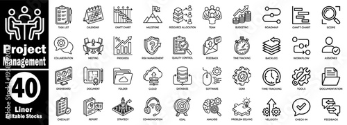 Project management icons set. Collection of covering tasks, planning, collaboration, communication, and team dynamics vector illustration.
