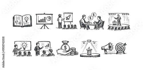 Collection of hand-drawn business and finance icons for presentations and reports
