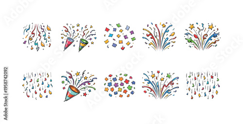Collection of colorful confetti and party poppers for festive celebrations