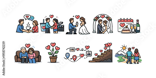 Collection of cute couple icons depicting relationship milestones and romantic moments