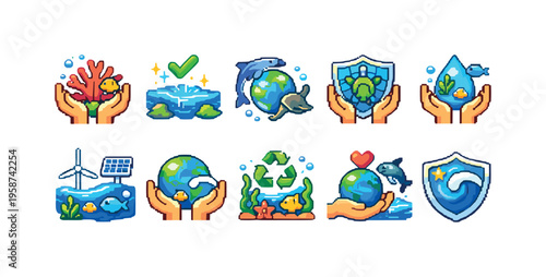 Pixel art icons representing ocean conservation and environmental protection efforts