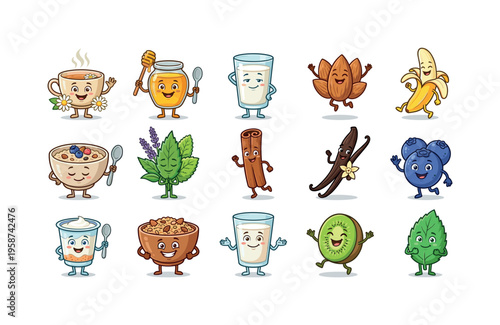 Cute cartoon ingredients for healthy breakfast and drinks, smiling and dancing