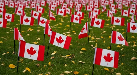 A field of canadian flags on a grassy lawn with fallen leaves