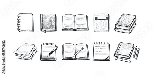 Collection of hand-drawn stationery items including notebooks, books, and writing tools