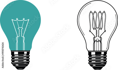Light bulb illustration set, vintage filament lamp and modern design vector, electricity idea concept icon isolated on white background