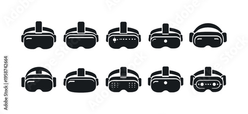 Collection of diverse virtual reality headset icons in a clean, modern style