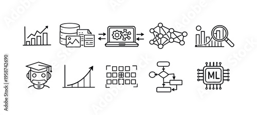 Machine learning icons representing data analysis, algorithms, and AI development