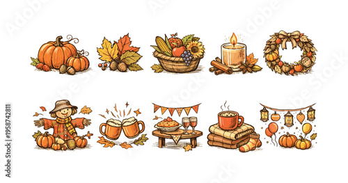 Charming hand-drawn autumn harvest icons and illustrations for seasonal celebrations