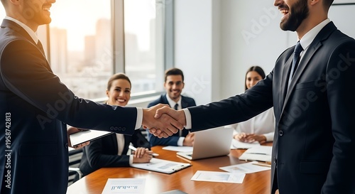 Business handshake sealing a deal in a modern office setting.