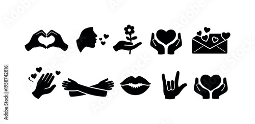 Collection of black icons representing love, affection, and care gestures