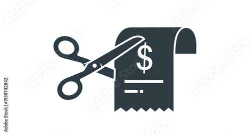 A sharp pair of scissors cuts across a stylized receipt displaying a dollar sign, indicating a financial transaction reduction or cost savings.