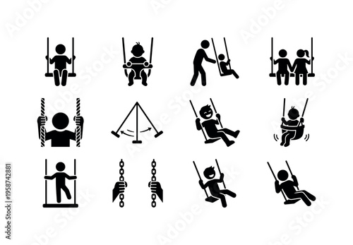 Collection of diverse stick figure icons representing people on swings
