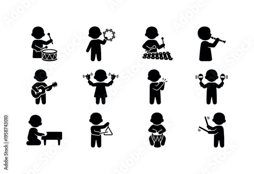 Children playing various musical instruments in a fun, stylized icon set