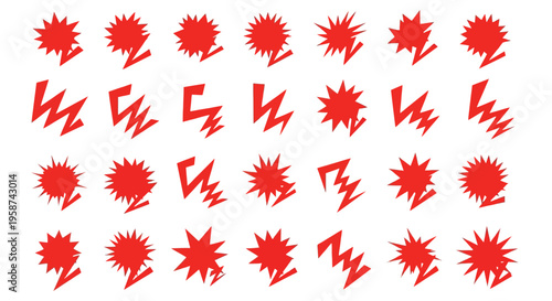 A grid arrangement displays thirty red graphic elements featuring jagged lightning bolts and starburst shapes representing energy and sudden impact.