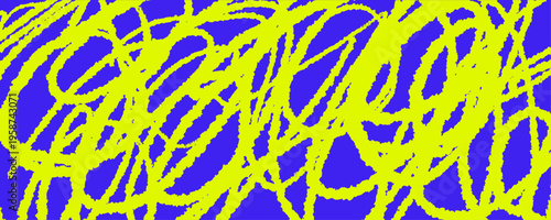 Abstract yellow scribble texture on blue background with looping chaotic lines and rough grunge energy. Vibrant backdrop with strong contrast, dynamic motion, tangled strokes, and expressive movement.