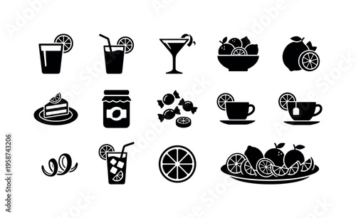 Collection of citrus fruit and beverage icons for design and branding