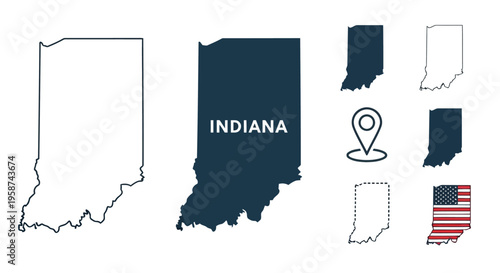 Indiana State Map Vector Set Outline Silhouette Flag and Location Pin EPS10 Stock.eps