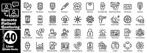 Remote patient monitoring Medical linear icons. Representing electronic health records, home patient care, smart diagnostic devices, and online doctor communication vector illustration.