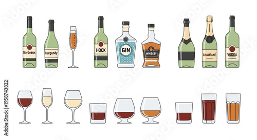 Flat design vector illustration set of various alcoholic beverages bottles and glasses EPS10 Stock.eps