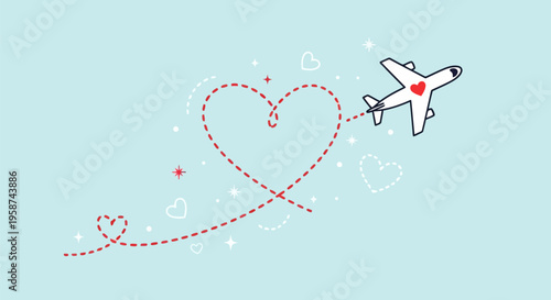 Cute doodle airplane flying with heart trail Romantic travel vector illustration EPS10 Stock.eps