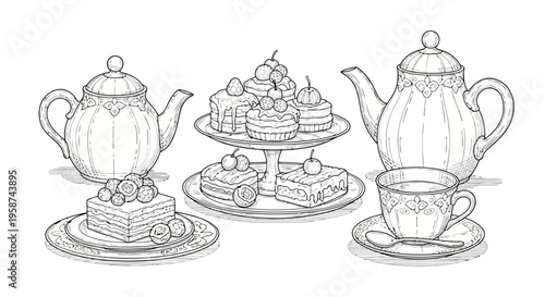 Delicate Line Art Illustration of Afternoon Tea Cakes and Teapots EPS10 Stock.eps
