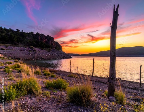 Serene lakeside landscape at sunset with silhouetted trees against a vibrant sky