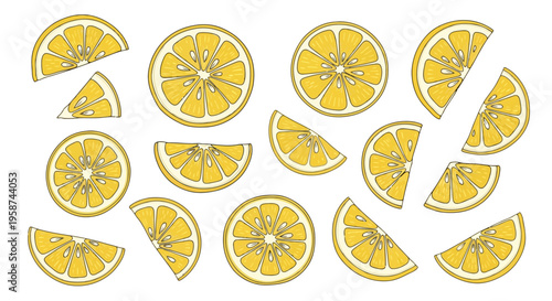 Scattered Bright Cartoon Lemon Slices and Wedges Vector Art EPS10 Stock.eps