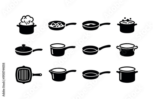 Collection of black and white icons representing various cookware items for cooking and kitchen use